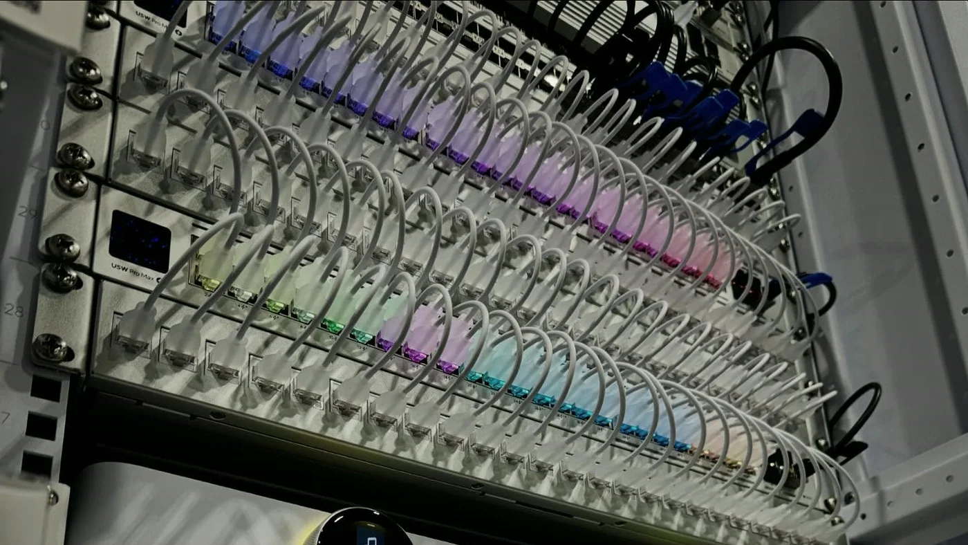Patch panel executado pela Integrahouse — cada porta com cabo identificado por cor e sobra organizada