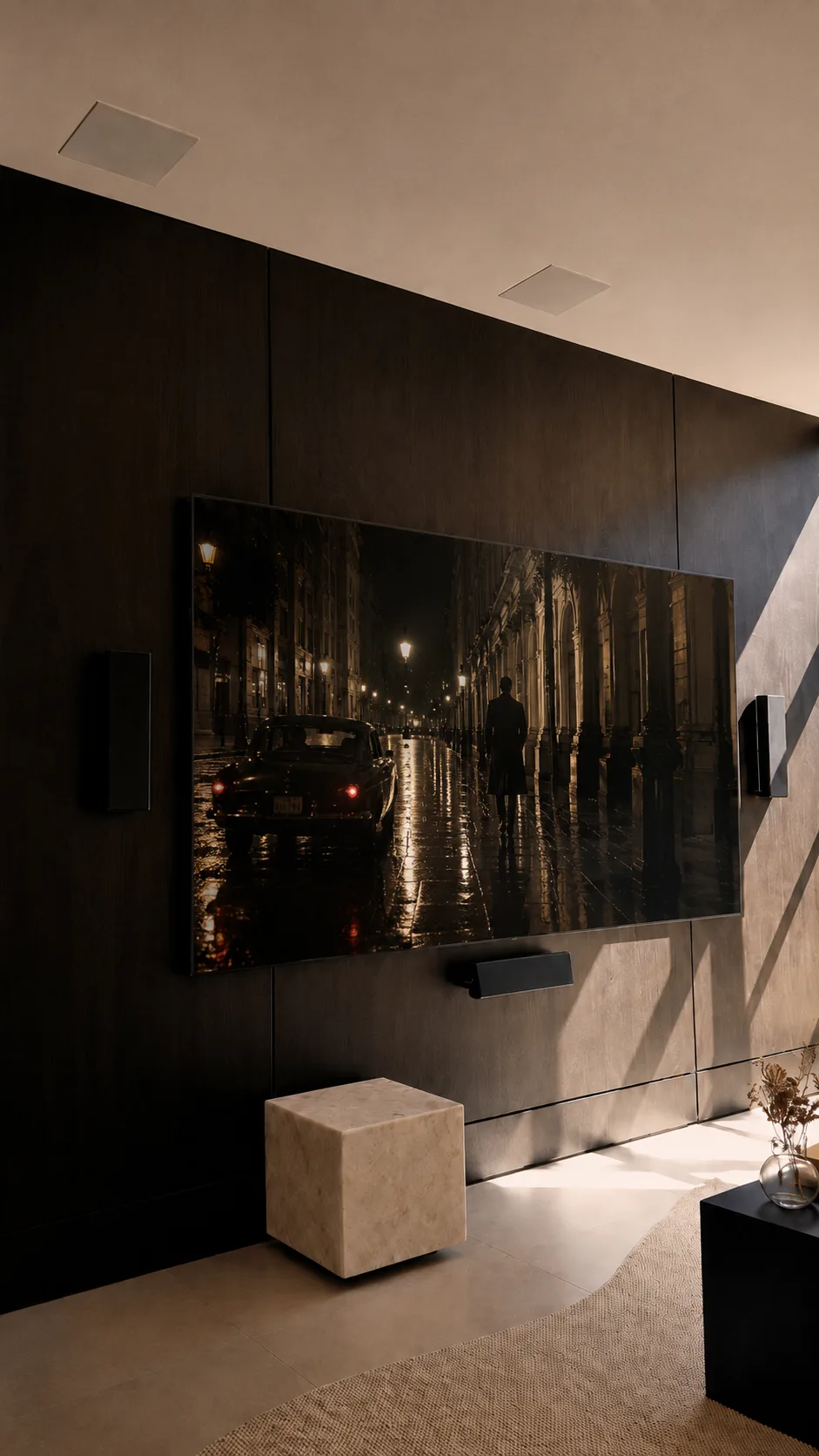Sala de estar premium com TV, soundbar e caixas embutidas instaladas pela Integrahouse