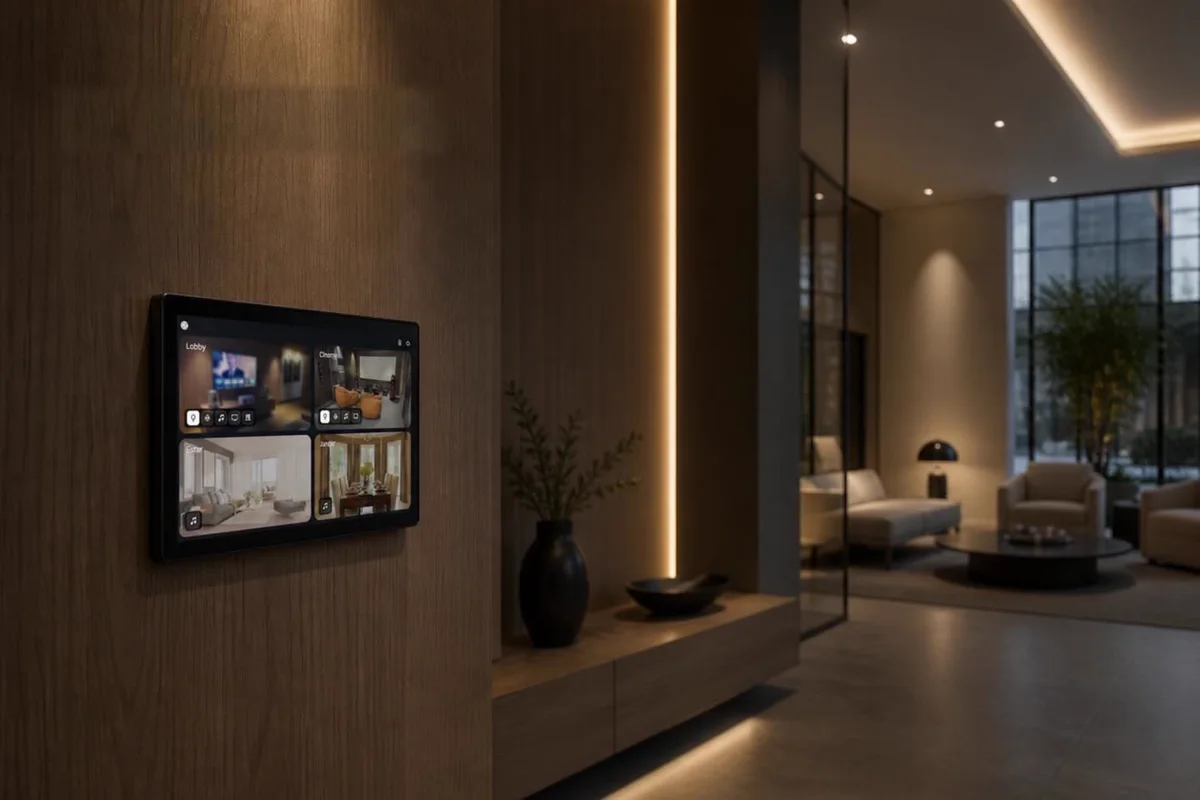 Painel de automação embutido na parede de madeira de um hall, mostrando os ambientes da casa na tela